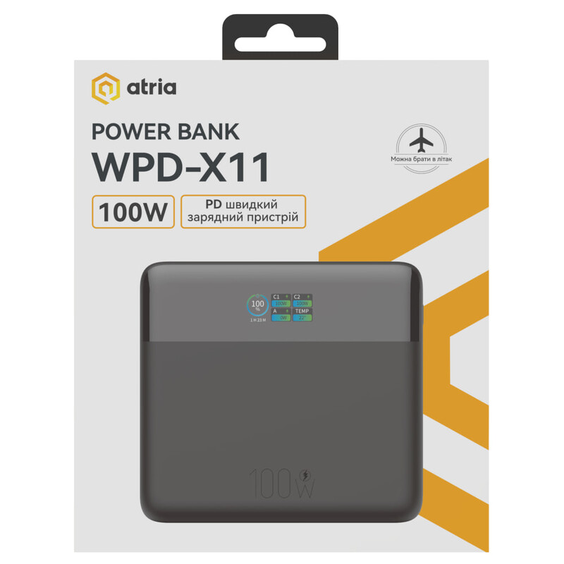 Универсальная мобильная батарея Atria 20000mAh 100W Black (WPD-X11)