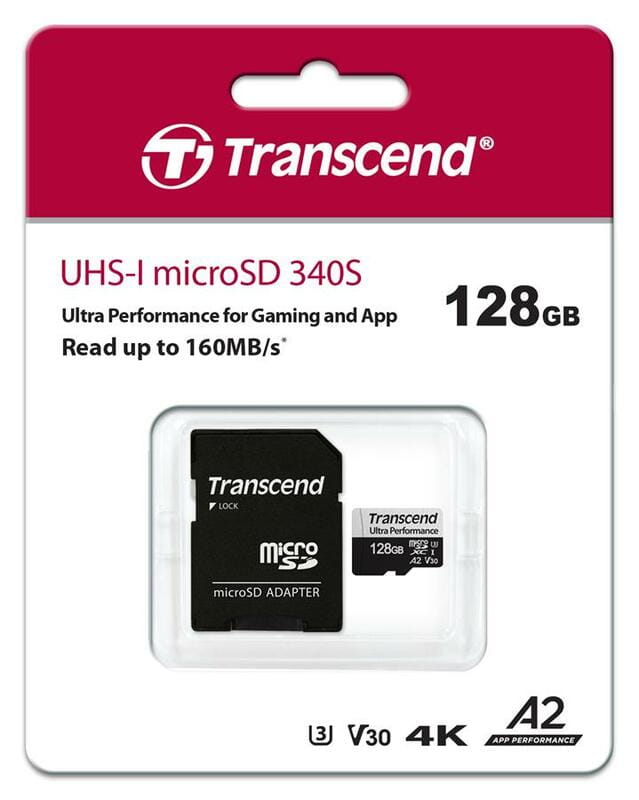 Карта памяти MicroSDXC 128GB UHS-I/U3 Class 10 Transcend 340S R160/W125MB/s + SD-адаптер (TS128GUSD340S)