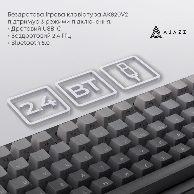 Клавіатура бездротова Ajazz AK820 V2 White Peach Switch Purple/White/Blue (AK820-V2-WP-PWB)