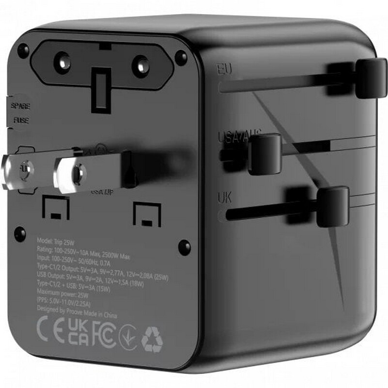 Универсальный адаптер Proove 1, 3A, 2xUSB-A, 1xUSB-C, чёрный (TATL25310001)