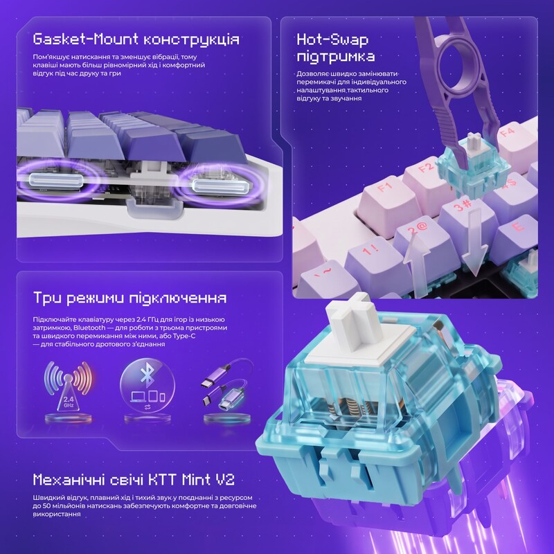 Клавіатура бездротова Proove Gaming Rampage Gradient Purple/White
