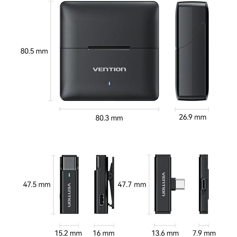 Микрофон Vention USB-C 2-Pack Wireless Lavalier with Charging Case Black (NCAB0)