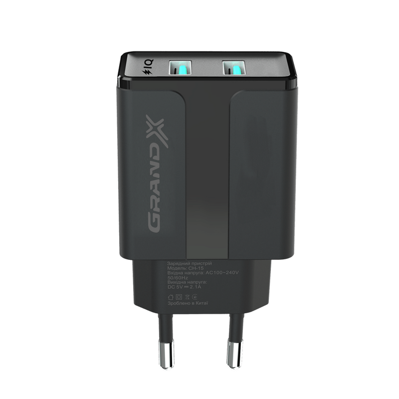 Сетевое зарядное устройство Grand-X CH-15B (2xUSB 2.1A) Black