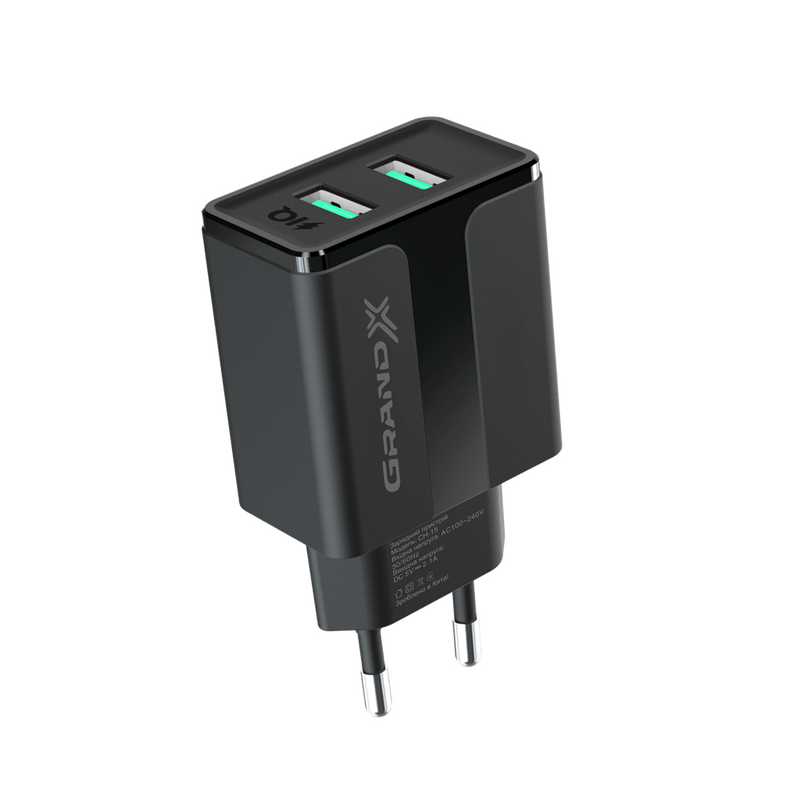 Сетевое зарядное устройство Grand-X CH-15B (2xUSB 2.1A) Black