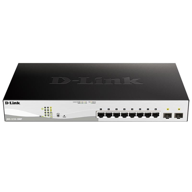 Коммутатор D-Link DGS-1210-10MP 8x1GE PoE, 2x1GE SFP, PoE 30Вт/порт, бюджет 130Вт