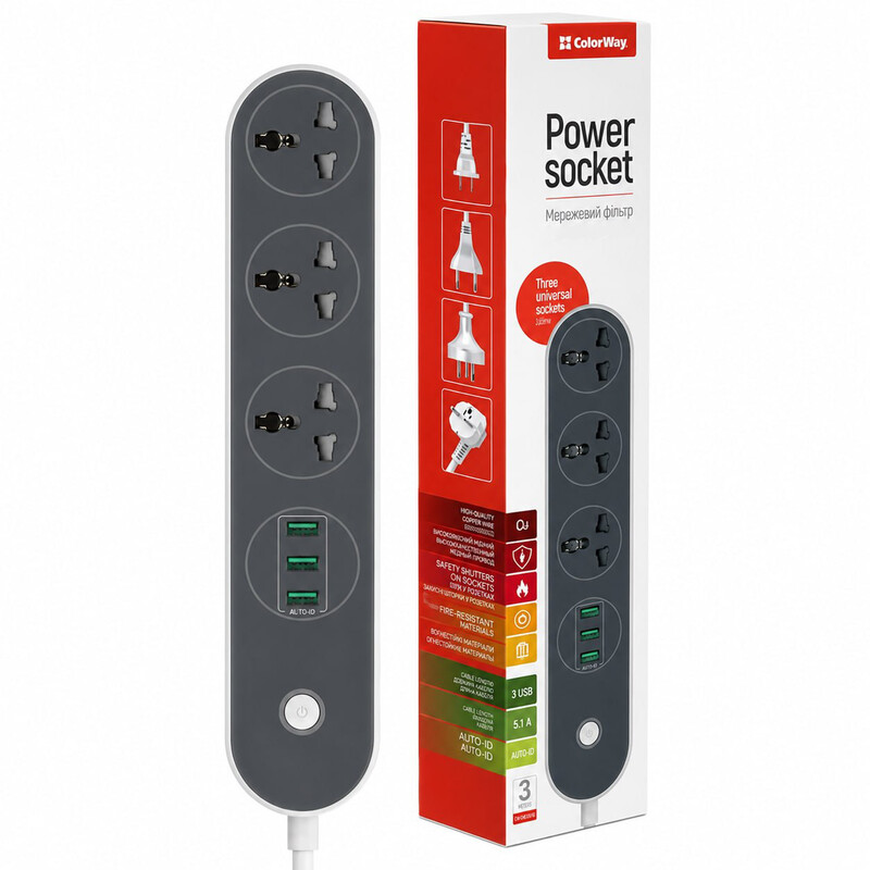 Фільтр живлення СolorWay (CW-CHU33B) 3 розетки, 3xUSB, 1.8м, Black