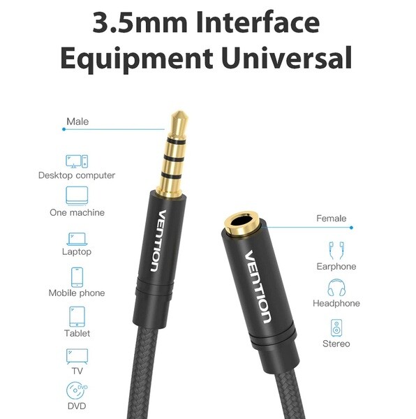 Кабель Vention 3.5 мм - 3.5 мм (M/F), 5 м, Black (VAB-B06-B500-M)