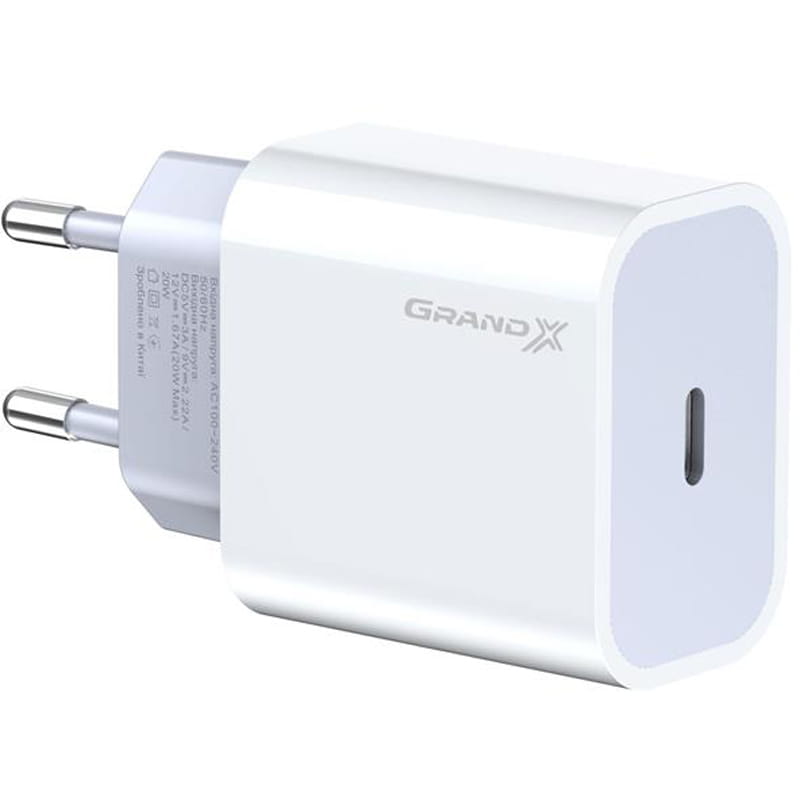 Сетевое зарядное устройство Grand-X (1xUSB-C 20W) QC4.0, PD 3.0, FCP, AFC White (CH-770)