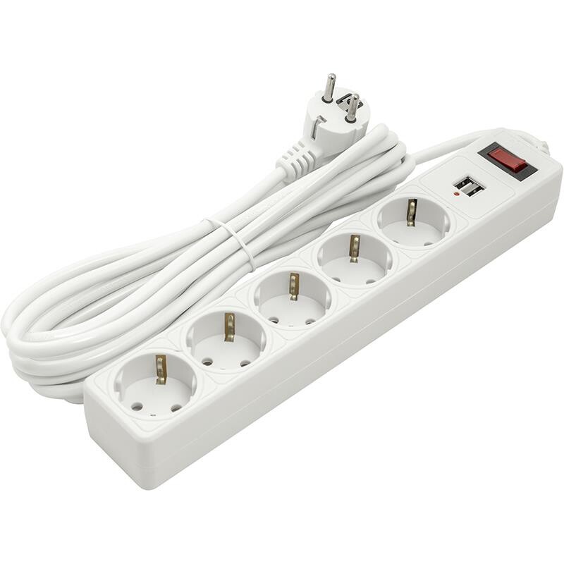 Фільтр живлення PowerPlant JY-1056U/5 (PPSA10M50S5U) 5 розеток, 2xUSB 2.1A, 5 м, євростандарт, білий