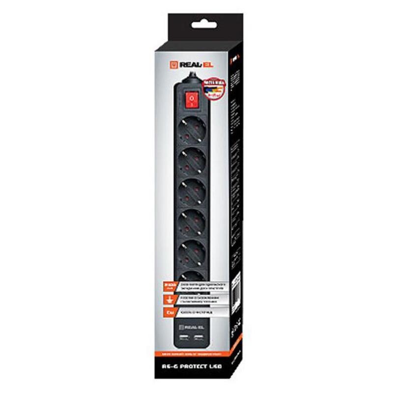 Фільтр живлення REAL-EL RS-6 Protect USB 5 м Black