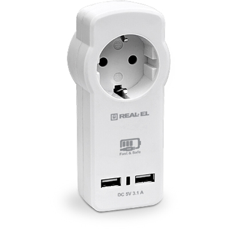 Сетевое зарядное устройство с розеткой REAL-EL CS-30 (2USB, 3.1A) White