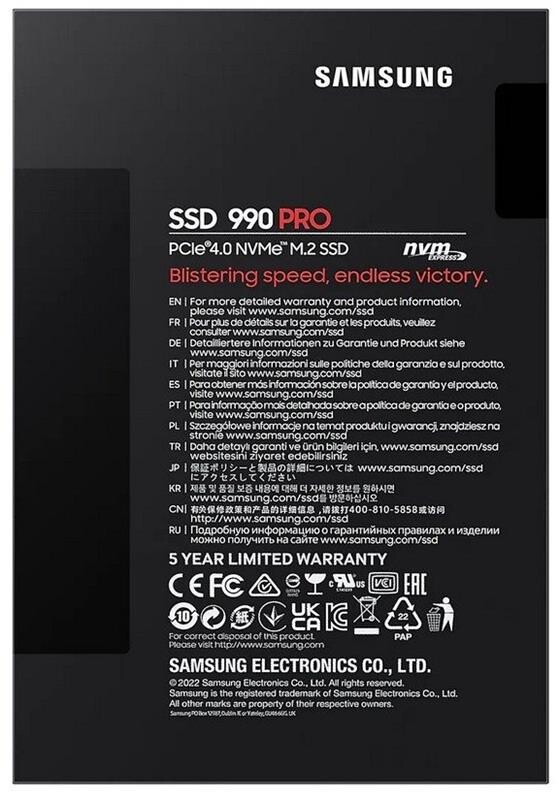 Накопичувач SSD 1ТB Samsung 990 PRO M.2 2280 PCIe 4.0 x4 NVMe V-NAND TLC (MZ-V9P1T0BW)