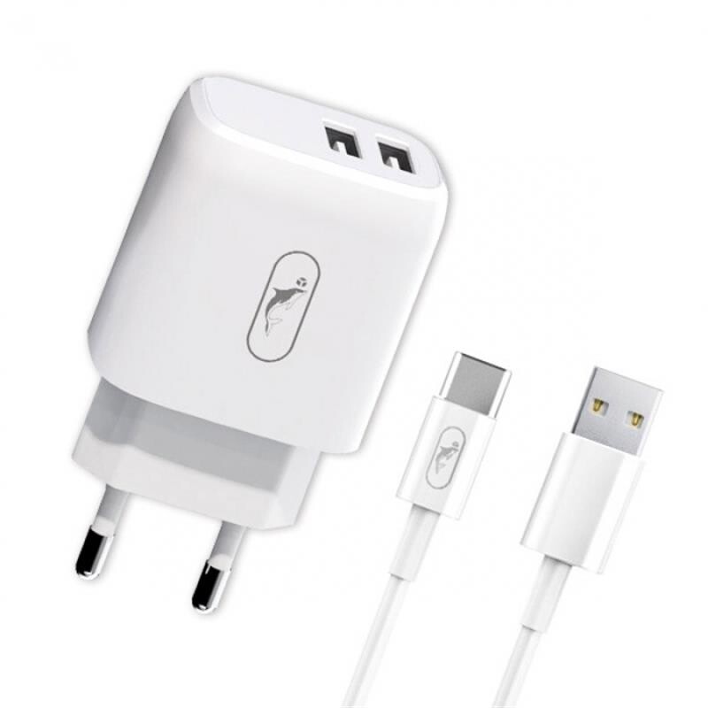 Зарядное устройство SkyDolphin SC22EBT (2USB, 2.1A) White (MZP-000163) + кабель Type-C