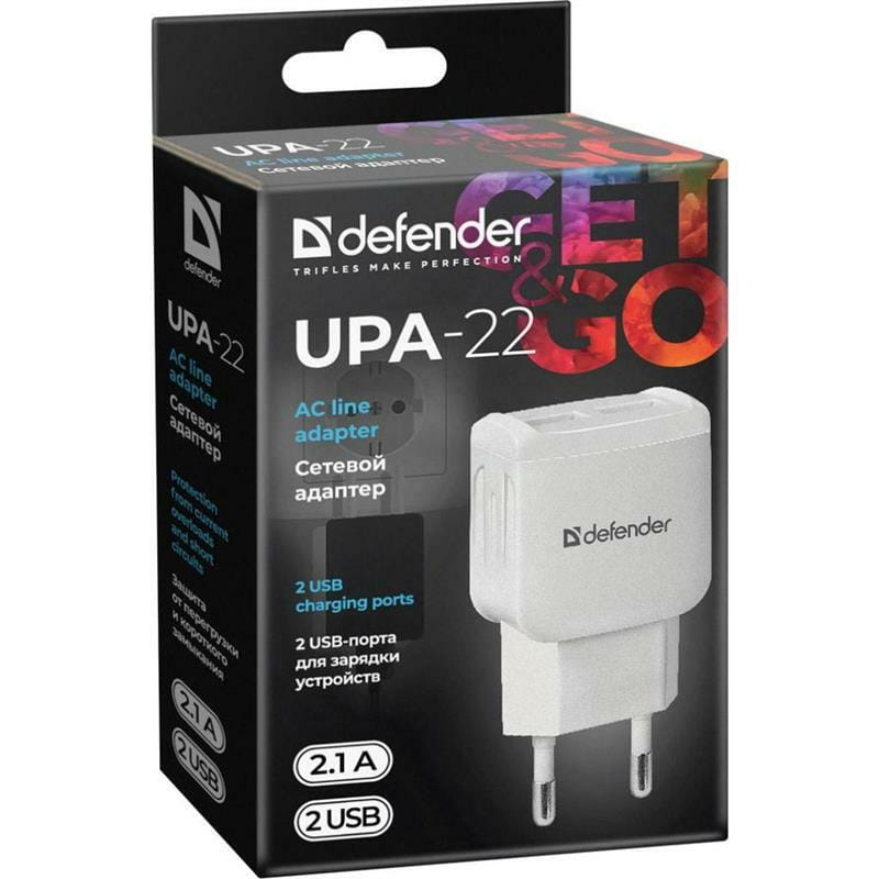 Мережевий зарядний пристрій Defender UPA-22 (2xUSB 2.1А) White (83580)