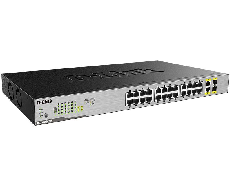 Коммутатор D-Link DGS-1026MP (24x1GE c PoE, 2x1GE/SFP PoE 802.3af/at 370Вт, Неуправляемый)