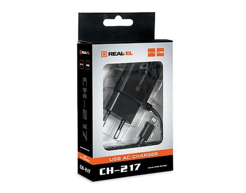 Мережевий зарядний пристрій REAL-EL CH-217 (2USB, 2.1A) Black + кабель Lightning