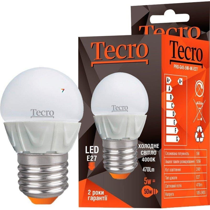 Лампа світлодіодна Tecro 5W E27 4000K (PRO-G45-5W-4K-E27)