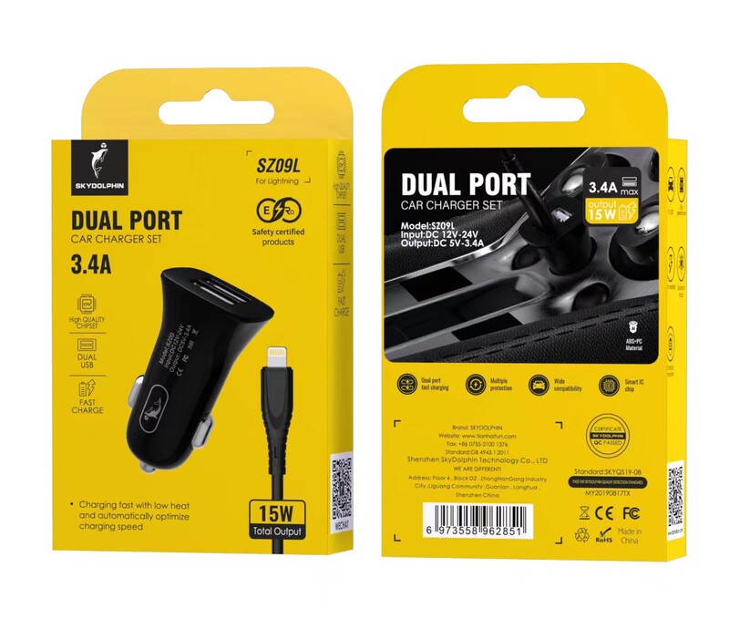 Автомобильное зарядное устройство SkyDolphin SZ09L (2USB, 3.4A) Black (AZP-000109) + кабель Lightning